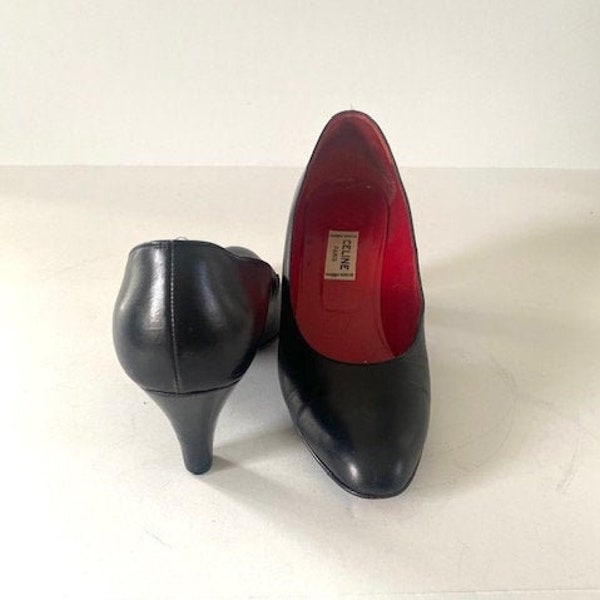 80's Celine Black Pumps with Red Leather Lining, Size 36
