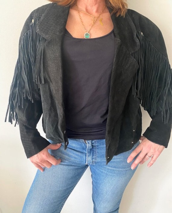 80's G-III Fringe Jacket, Black, Medium