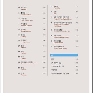 May include: A page from a Korean language guide with a list of topics and vocabulary. The topics are written in Korean and English, including shopping, public transportation, and weekend activities. The guide also includes a section on Korean culture.