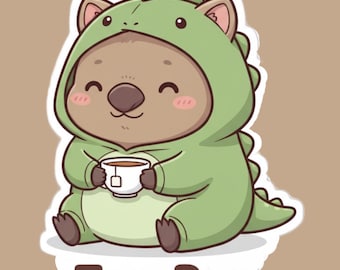 Tea-Rex Wombat Vinyl Sticker | Funny Dinosaur Pun, Tea Lover Gift