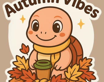 Autumn Turtle Vinyl Sticker – Cozy Fall Vibes, Leaves, Coffee