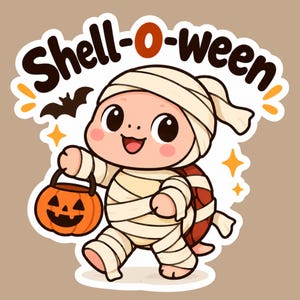 May include: A sticker illustration of a cartoon turtle dressed as a mummy in white bandages, holding an orange jack-o'-lantern bucket. The text Shell-o-ween is written in dark brown letters above the turtle, accompanied by a black bat and yellow stars.
