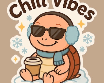 Chill Vibes Turtle Vinyl Sticker: Winter Coffee, Laptop Decal