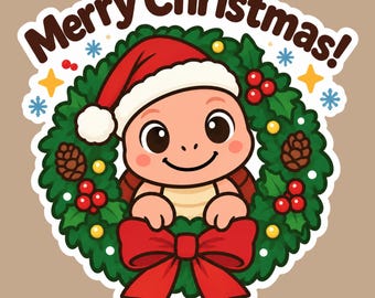 Merry Christmas Turtle Vinyl Sticker – Holiday Wreath Decal, Turtle Lover Gift, Stocking Stuffer