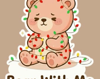 Red Bean Bear Vinyl Sticker: Tangled in Fairy Lights - Cozy Pun