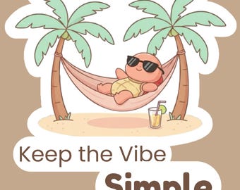 Keep the Vibe Simple Vinyl Sticker | Relaxed Turtle Hammock Design, For Laptop, Water Bottle