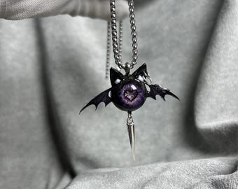 Handmade Gothic Eyeball Necklace, Bat Wing Horror Jewelry, Creepy Cute Resin Pendant, Weirdcore Punk Statement Accessory