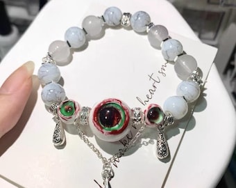 Handmade Emerald Eyeball Beaded Bracelet, Gothic Alternative Jewelry