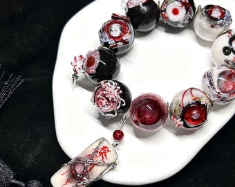 Gothic Eyeball Bracelet, Horror Red Resin Jewelry, Creepy Cute Weirdcore Bracelet, Occult Art Gift, Tassel Hand Version