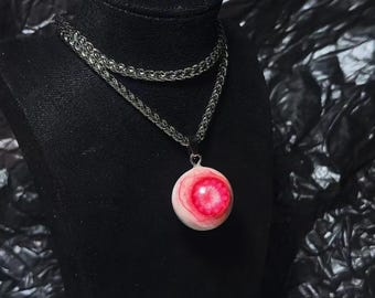Handmade Pink Eyeball Pendant Necklace, Gothic Horror Jewelry, Resin Evil Eye Necklace, Creepy Cute Titanium Chain Statement Gift