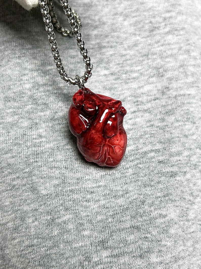 May include: A pendant necklace featuring a detailed, realistic, red heart charm. The heart is suspended from a silver-colored chain. The pendant has a glossy finish, and the chain has a classic link design.