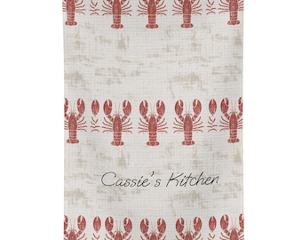 Personalized Lobster Tea Towel, Custom Name Kitchen Towel, Microfiber Dish Cloth, Coastal Housewarming Gift, Nautical Decor