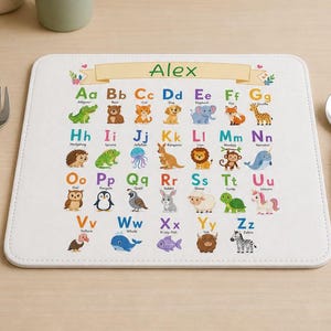 Mantel individual personalizado con el alfabeto, tapete de aprendizaje ABC de animales para niños, regalo personalizado para niños pequeños con nombre