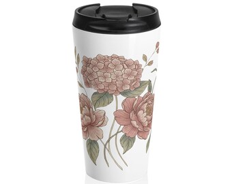 Taza de viaje vintage con estampado floral en tono rosa pálido / Acero inoxidable personalizable con tallo de hortensia y peonía, ideal para bodas y regalos para ella.