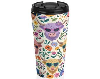 Taza de viaje con estampado floral de vaca de las Tierras Altas / Diseño floral bohemio, acero inoxidable con aislamiento térmico, regalo original para ella.