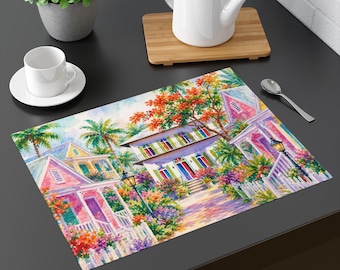 Key West Watercolor Placemat, Vibrant Tropical Table Decor for Beach House Dining, Florida Keys Hostess Gift