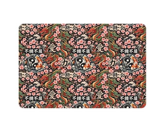 Alfombrilla impermeable para comida de mascotas con estampado de flores de cerezo y dragones koi / Alfombrilla de cocina para mascotas con diseño de sakura.