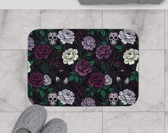 de bain gothique rose et tête de mort | Tapis de salle de bain floral foncé, décoration d'art de tatouage