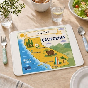 Gepersonaliseerde placemat van de staat Californië, kleurmat voor kinderen om de geografie van de staat te leren, cadeau voor peuters met eigen naam