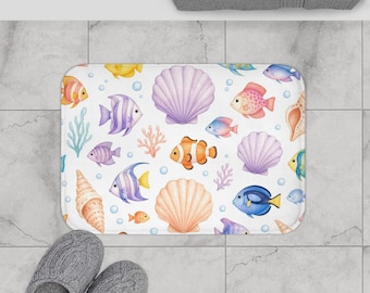 Tappetino da bagno con acquerelli a tema vita marina, tappeto da bagno con barriera corallina sottomarina, decorazione con conchiglie e pesci oceanici, morbido regalo a tema costiero, lussuoso tappetino in memory foam con motivi marini.