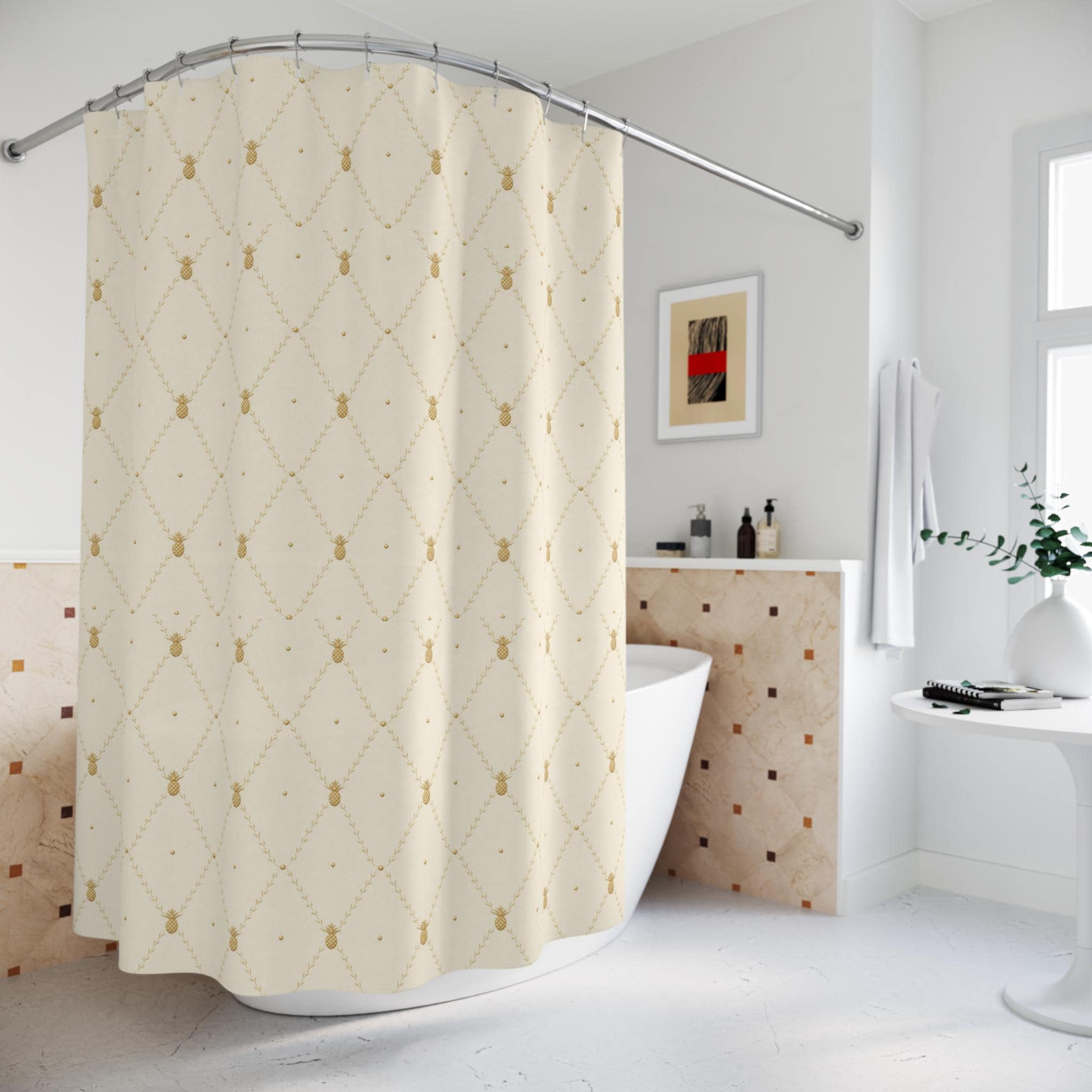 Luxury Gold Trellis Pineapple Shower Curtain Elegant Cream Geometric Bathroom Decor Vintage Gold Lattice Fabric Bath Art