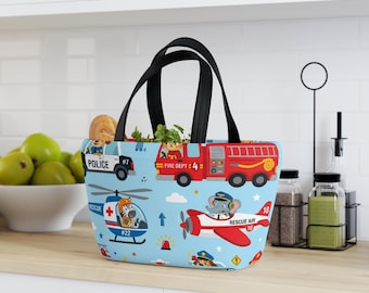 Bolsa de almuerzo con estampado de vehículos de rescate de animales / Diseño de cebra, elefante, camión de bomberos, helicóptero de policía para niños, lonchera infantil