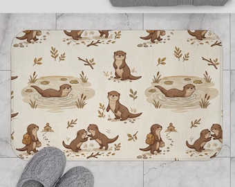 Whimsical Otter Pattern Bath Mat | Neutral Wildlife Bathroom Rug | Cozy Memory Foam Spa Mat