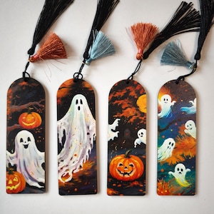 Halloween Wooden Bookmark – Ghost & Pumpkin with Tassel