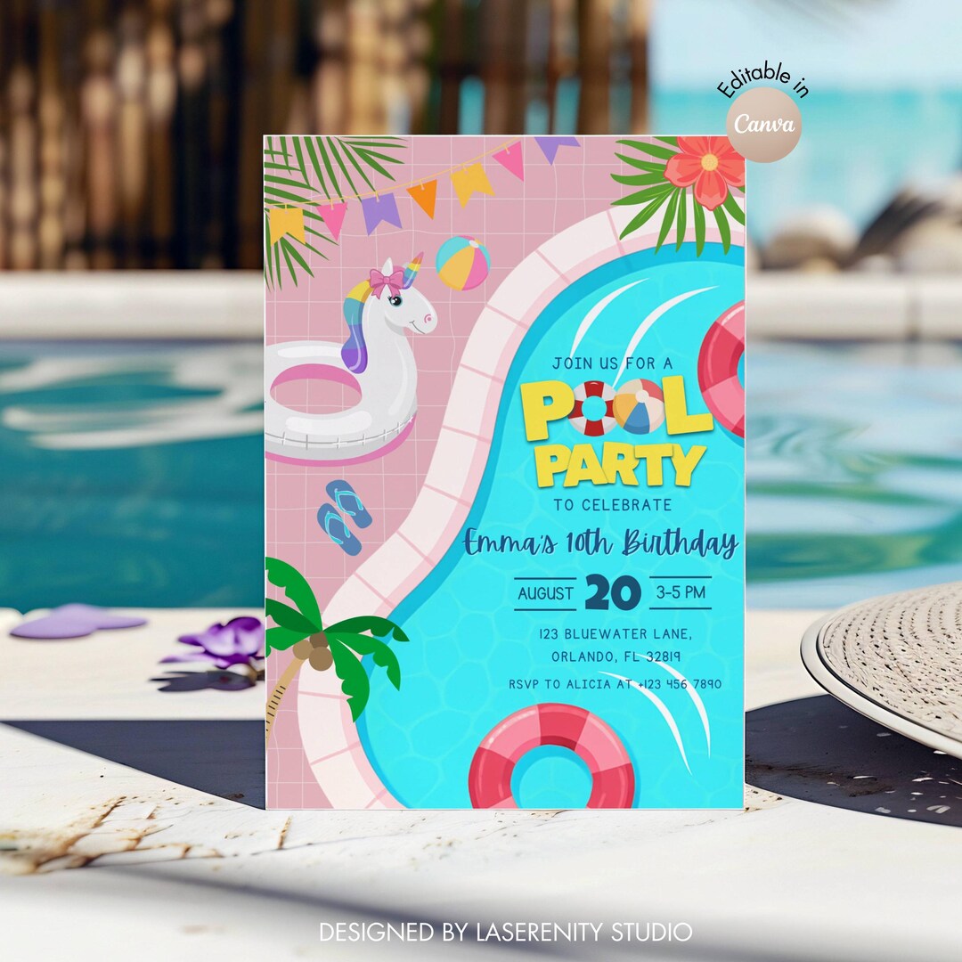 Editable Pool Party Birthday Invitation | Canva Template | Instant ...