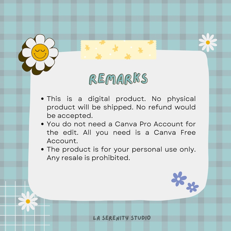 May include: A digital product announcement on a light blue checkered background. The text "REMARKS" is in green, with bullet points detailing the product's digital nature and usage restrictions. Decorative daisy and flower accents.