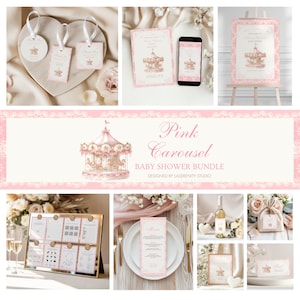Può includere: Una collezione di articoli di cancelleria rosa a tema giostra per baby shower. Include inviti, etichette, un cartello di benvenuto, un menu e uno striscione. Il design presenta un'illustrazione di giostra.