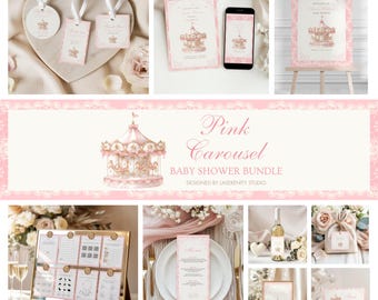 Editable Pink Carousel Baby Shower Bundle | Canva Template | Instant Download