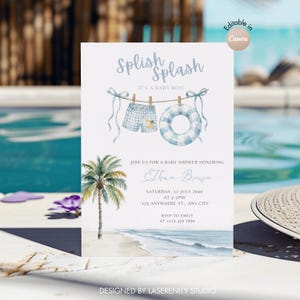 Redigerbar sommarvattenstänk med splash-motiv för pojke, babyshowerinbjudan | Canva-mall | Direktnedladdning