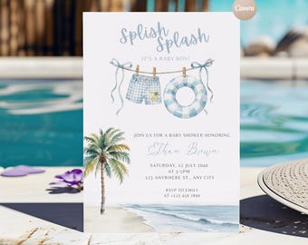 Editable Summer Water Splish Splash Boy Baby Shower Invitation | Canva Template | Instant Download