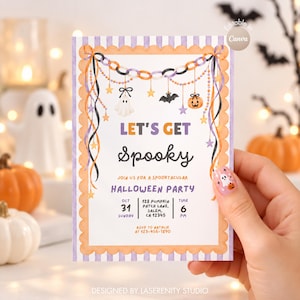 Puede incluir: Una tarjeta de invitación rectangular para fiesta de Halloween con borde naranja festoneado y rayas moradas. Incluye cadenas de papel, un fantasma, un murciélago y una calabaza. Texto: LET'S GET Spooky, JOIN US FOR A SPOOKTACULAR HALLOWEEN PARTY, OCT 31 SUNDAY, 128 PUMPKIN PATCH LANE, SALEM, CA 12345, TIME 6 PM, RSVP TO NATALIE AT 123-456-1890.