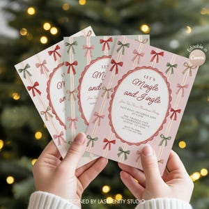 May include: Three rectangular Christmas party invitations featuring a pattern of vertical ribbons and bows in red, green, and beige. The center invitation has a scalloped oval frame containing the text Let's Mingle and Jingle, Join Us For a Christmas Party, and event details.