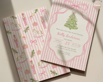 Może przedstawiać: Zaproszenie na baby shower z pasującą kopertą, ozdobione wzorem w różowo-białe pionowe paski oraz akwarelowymi ilustracjami dziadków do orzechów, koników na biegunach, prezentów i kokard. Tekst zawiera imię Holly Anderson, datę 23 grudnia oraz szczegóły lokalizacji Sugarplum Tea Room.