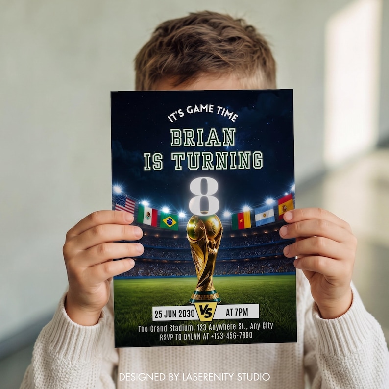 May include: A birthday party invitation featuring a soccer stadium design. The invitation reads "It's Game Time, Brian is turning 8." A golden trophy is centered below the number 8. The date and time are also included.