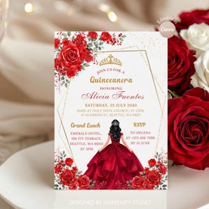 May include: A Quinceanera invitation featuring a red dress illustration, gold geometric accents, and red rose floral arrangements. The invitation text includes the honoree's name, event details, and RSVP information. The design is editable in Canva.