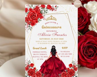 May include: A Quinceañera invitation with a red dress illustration, gold geometric details, and red rose floral arrangements. The invitation text includes the honoree's name, event details, and RSVP information. The design is editable in Canva.