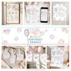 Può includere: Una collezione di articoli per feste di compleanno dai colori pastello a tema bolle. Include inviti, un cartello di benvenuto, uno striscione, etichette regalo e una stampa incorniciata. Il testo "POP ON OVER" e "BUBBLE BIRTHDAY BUNDLE" sono visibili.