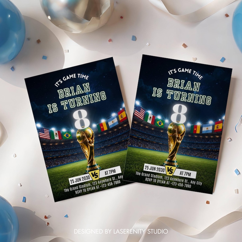 May include: Two birthday party invitations with a soccer theme. The invitations feature a golden trophy, a soccer stadium, and flags. The text reads "It's Game Time, Brian is Turning 8". The date is June 25, 2030, at 7 PM.