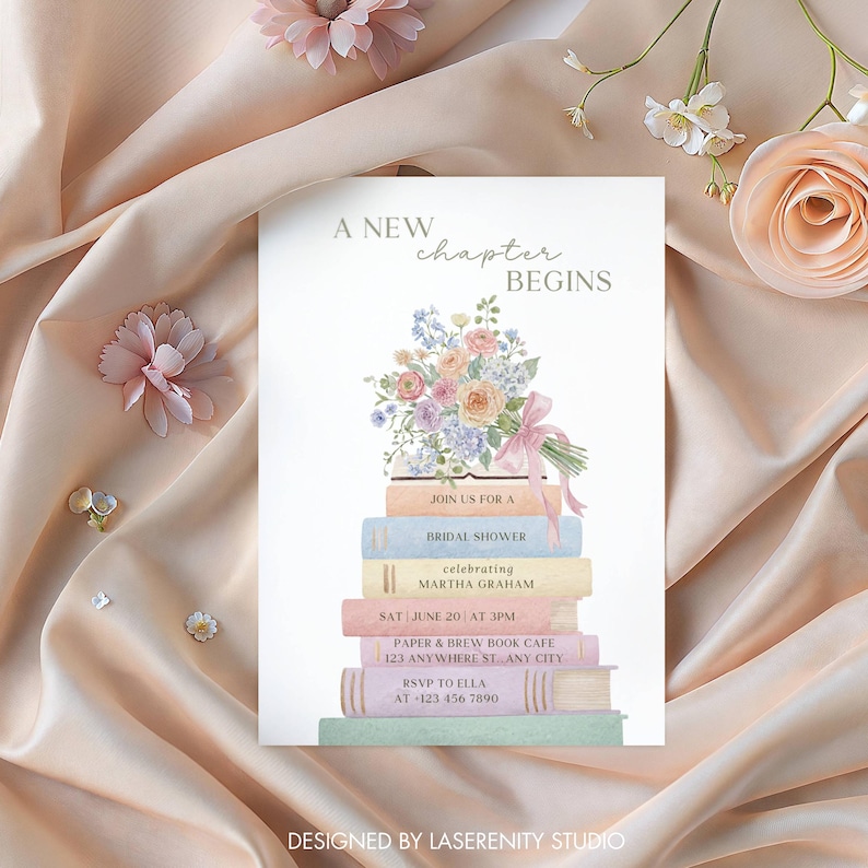 May include: A bridal shower invitation with a floral bouquet illustration atop a stack of books. The invitation includes details such as the date, time, location, and RSVP information. The text reads "A New Chapter Begins."
