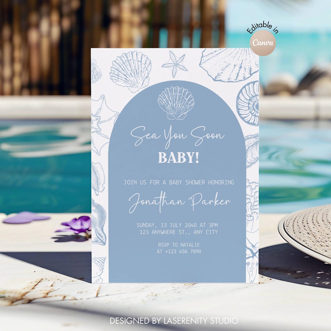 Editable Blue Sea You Soon Baby Shower Invitation | Canva Template ...