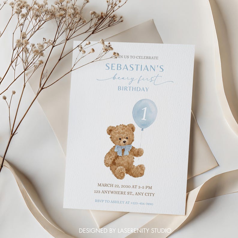 Editable Beary First Birthday Invitation | Teddy Bear Boy 1st Birthday ...