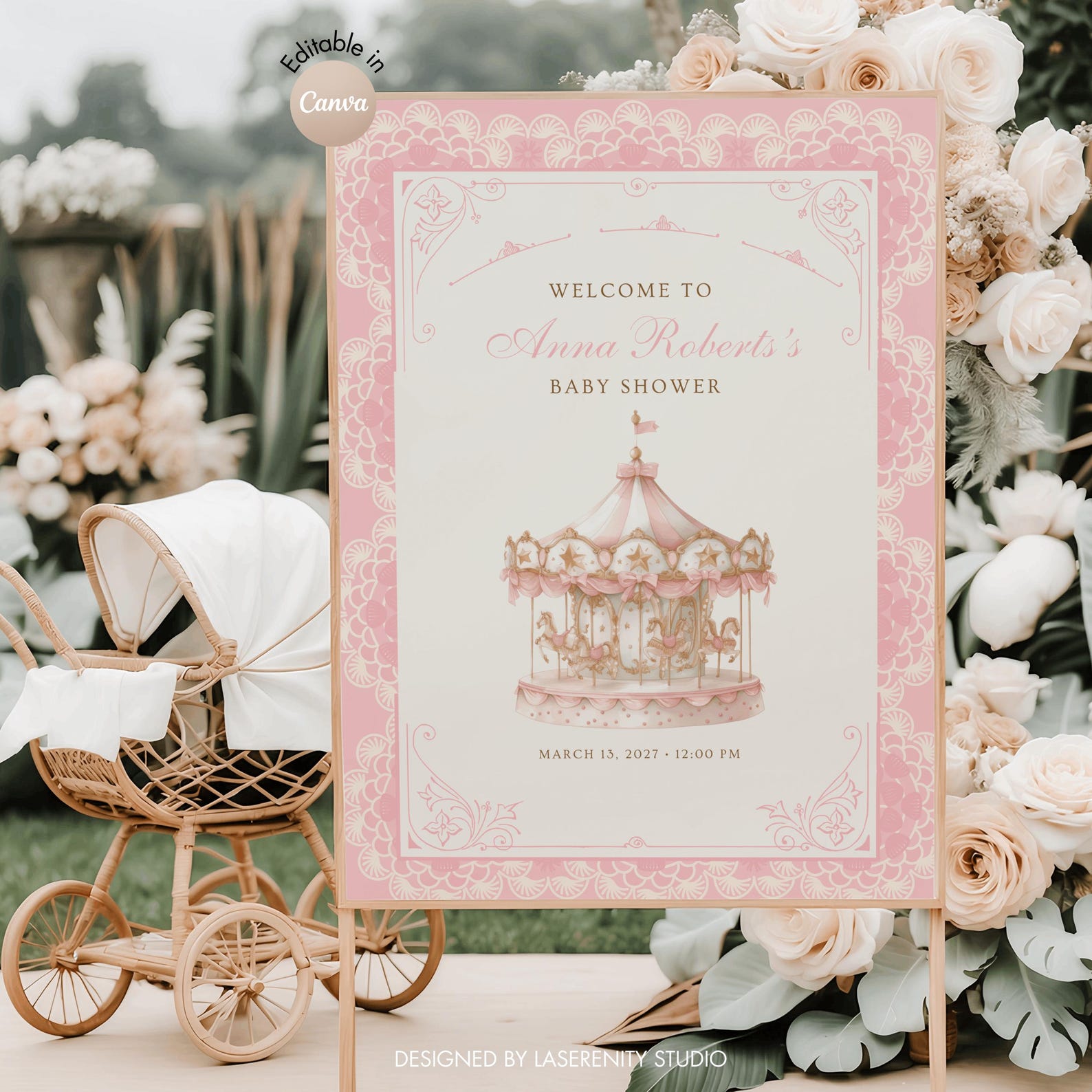 Editable Pink Carousel Baby Shower Welcome Sign | Digital Version ...