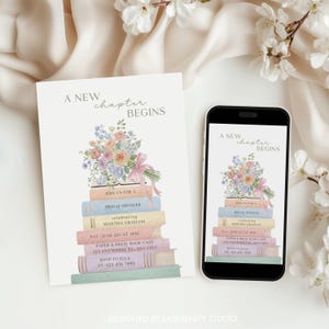 May include: A bridal shower invitation and a smartphone displaying the same design. The invitation features a stack of pastel-colored books topped with a floral bouquet and the text "A New Chapter Begins". The phone screen mirrors the invitation's design.