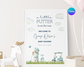 Editable Golf Baby Shower Welcome Sign: Blue Putter Boy | Canva Template | Instant Download