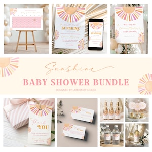 May include: A baby shower bundle with a sunshine theme. The bundle includes invitations, a calendar, a welcome sign, gift tags, raffle tickets, and bottle labels. The design features a sunburst graphic in orange, pink, and yellow.
