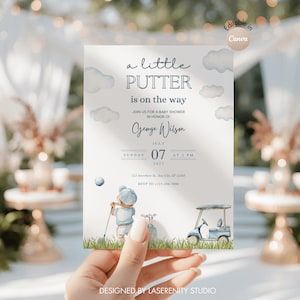 Invitación editable para baby shower de golfista: Un pequeño golfista está en camino / Plantilla de Canva